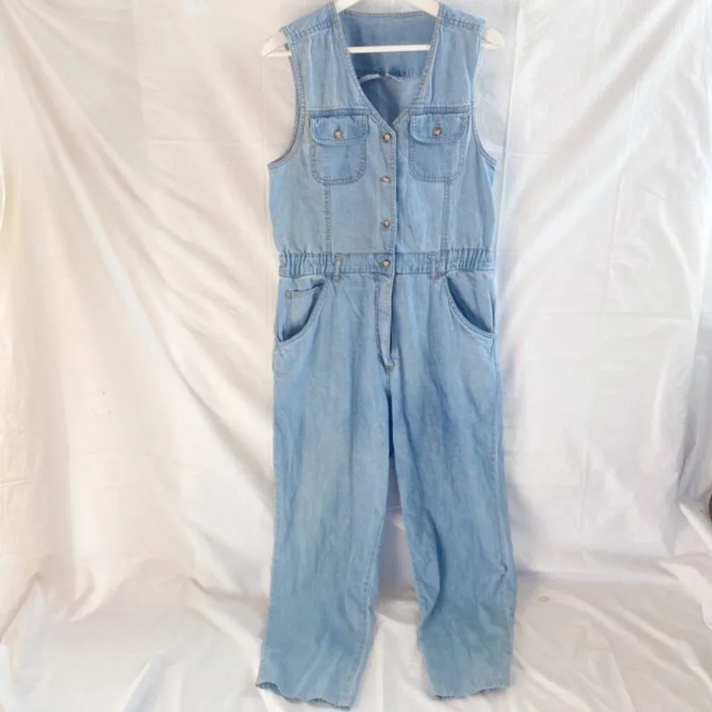 Rare Vtg 90s Bill Blass Light Wash Denim Sleeveless Jumpsuit SizeL Logo Pockets - Picture 1 of 6